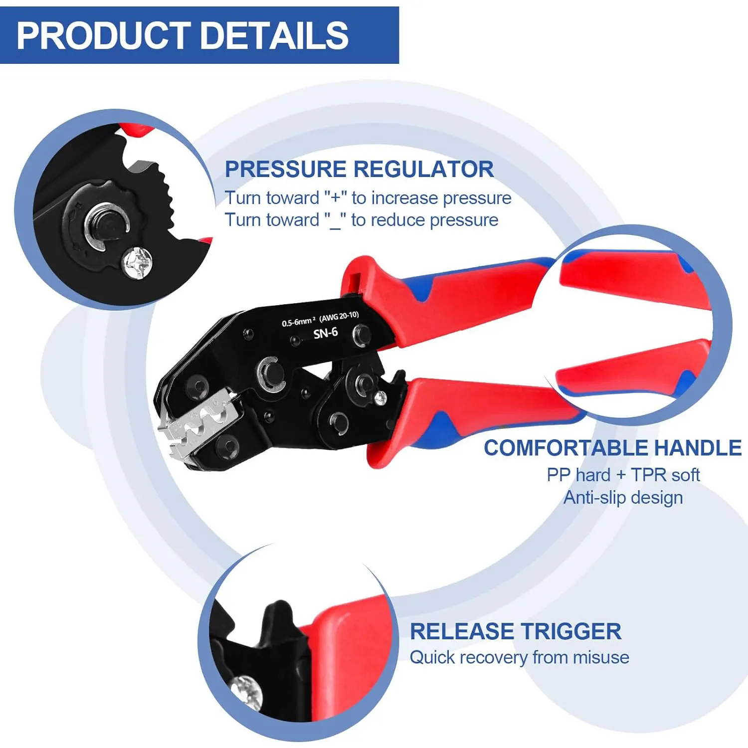 SN-6 Crimping Plier - Wire Crimper for Non-Insulated Terminals & Heat Shrink Connectors AWG 20-10 (0.5-6mm²) Crimper Tool