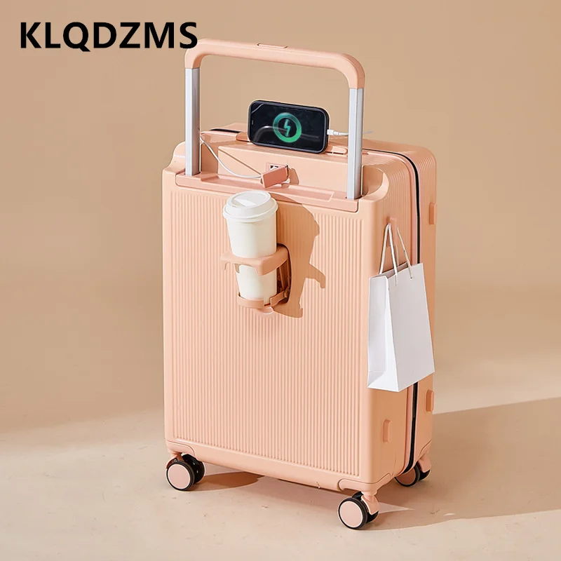 KLQDZMS casing troli pengisian USB 24 ", casing perjalanan dengan roda ABS + PC, casing troli pengisian USB dengan pemegang cangkir, koper perjalanan beroda 20 inci