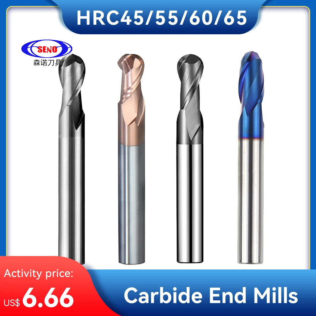 

SENO HRC55 HRC60 HRC65 2Flute Endmills Ball Nose End Mill Tungsten Carbide Cutter CNC Router Bit Milling Tool R0.5 6mm 8mm 10mm