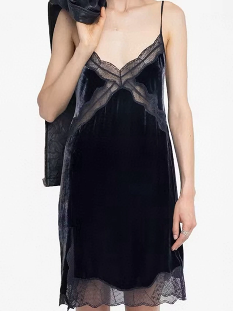 Abito canotta in pizzo estate 2025 nuovo prodotto gonna di media lunghezza scavata in pizzo misto seta verde scuro profondo