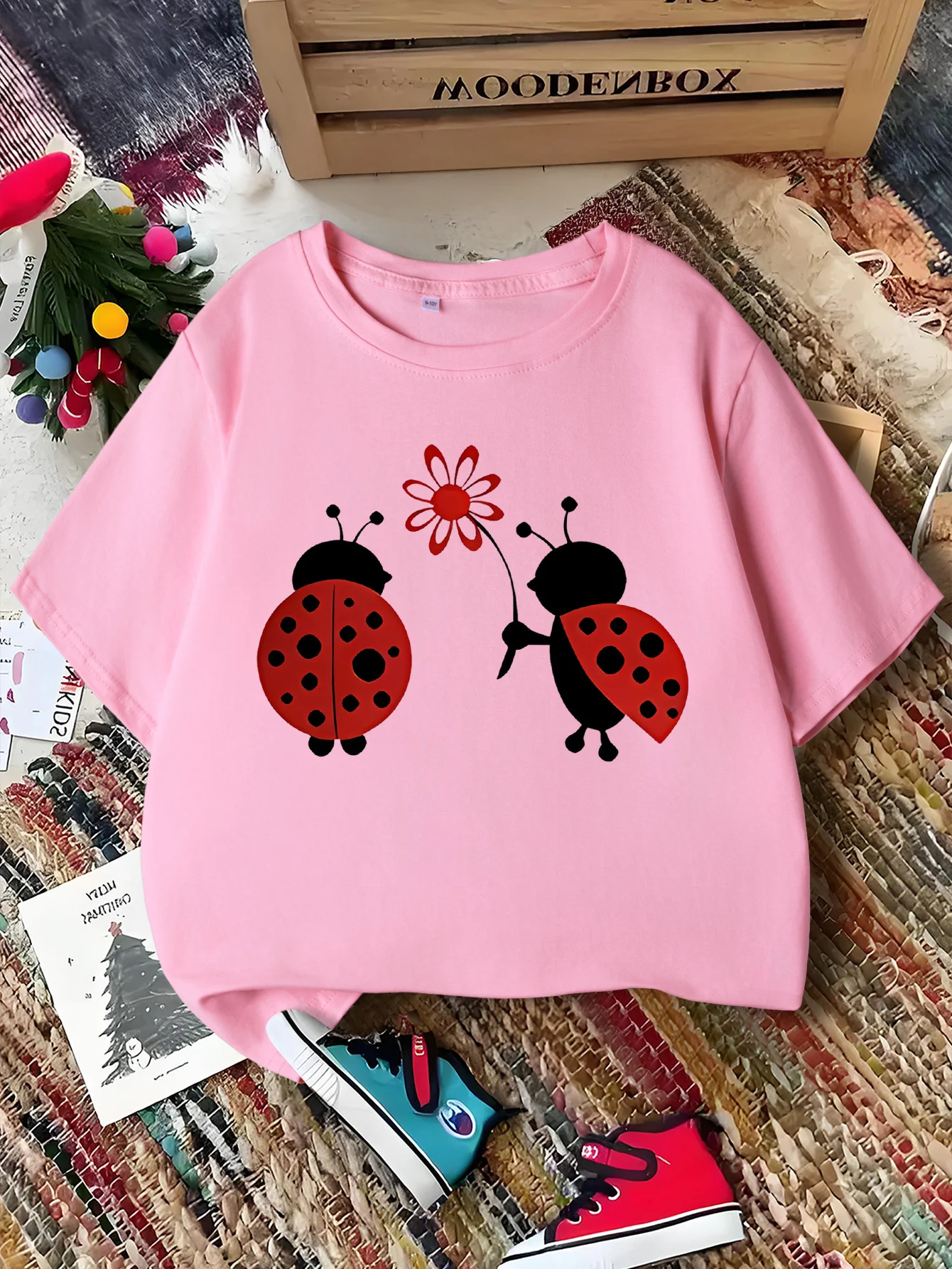 Camiseta Infantil con Estampado de Dibujos Animados de Mariquita y Flores, para Niños y Niñas, Combinación Familiar, Manga Corta, Suave, Transpirable, Cómoda para Uso Diario, para Padres e Hijos