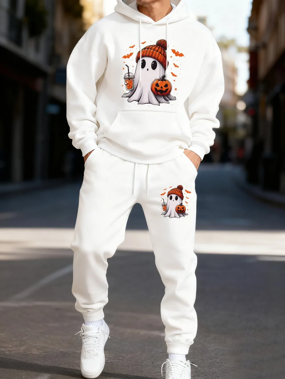 2Pcs Hoodie Set Mens Cute Halloween Ghost Pumpkin Sweatpants Sporty Fleece Warm Pocket Sweatshirt Autumn Loose Jogging Outfits 
