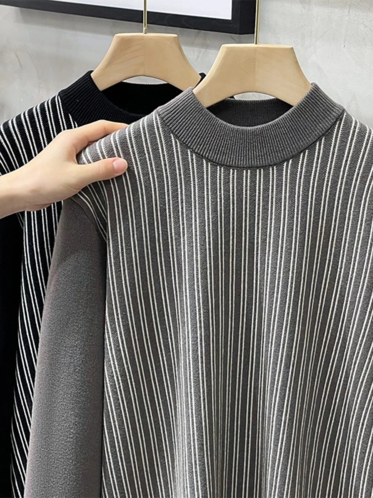 

Men's Autumn Winter f High Collar Striped Knitwear Faionable Color Blo Warm Base Layer irt Long Sve Youth Urban S...