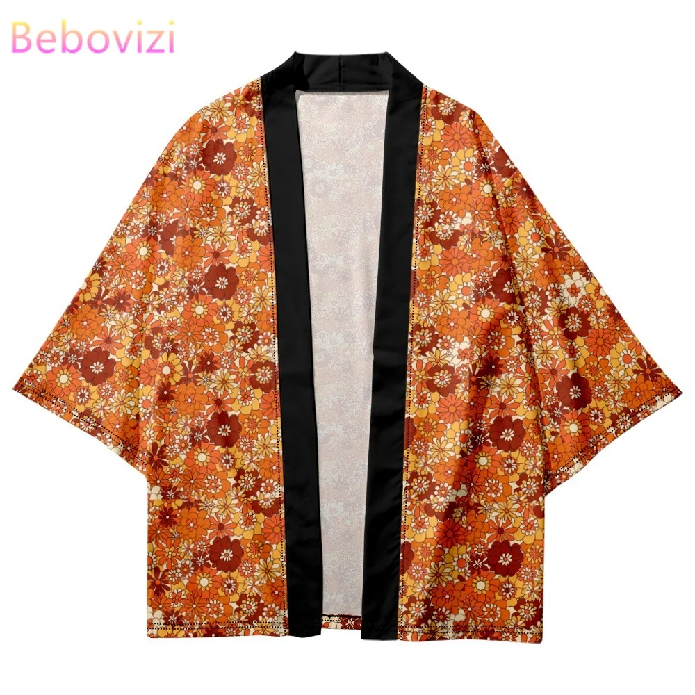 

Fashion Orange Flowers Print Haori Shirts Streetwear Men Women Traditional Cardigan Clothes Beach Yukata Japanese Kimono