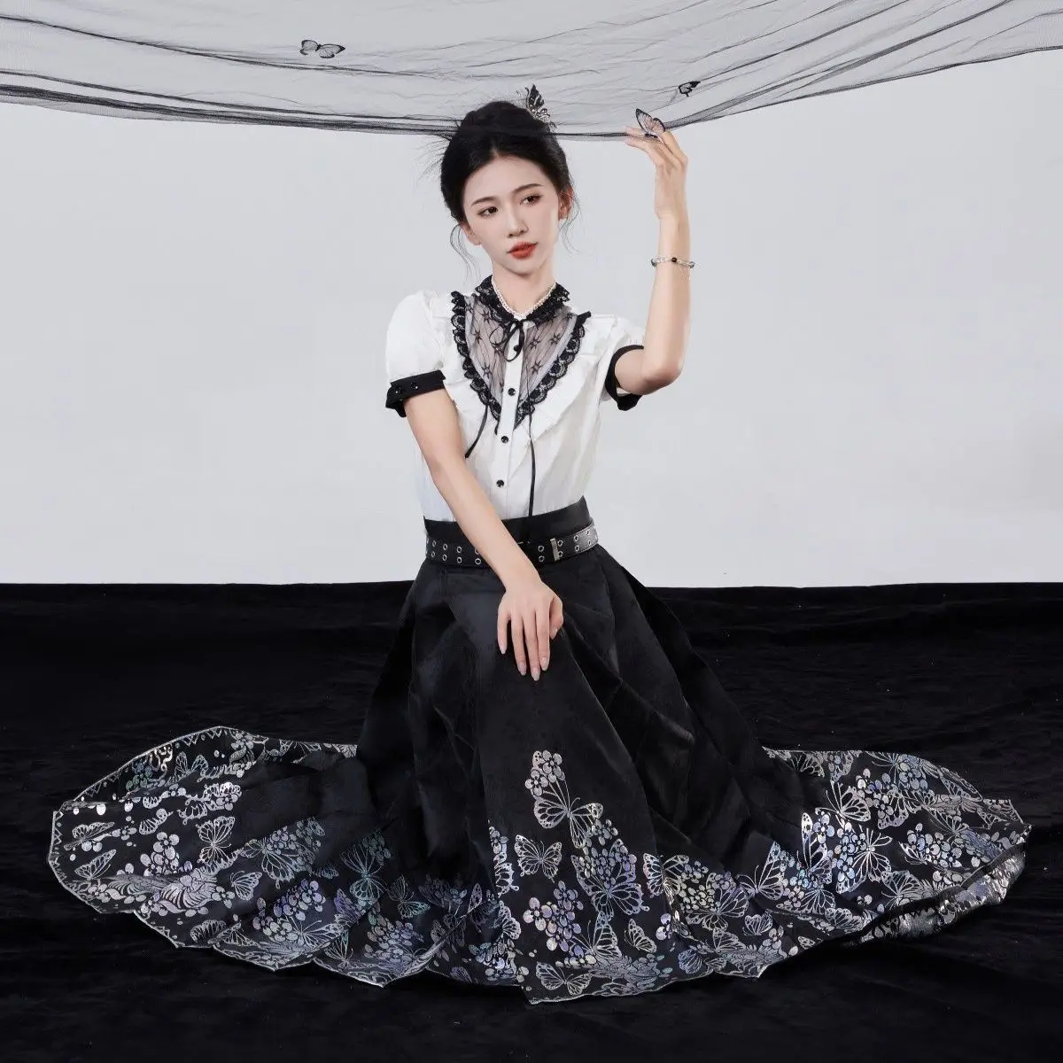 [Butterfly Island]2023 Authentic New Chinese Style Improved Han Element Temperament Retro Face Horse Skirt Hanfu Set