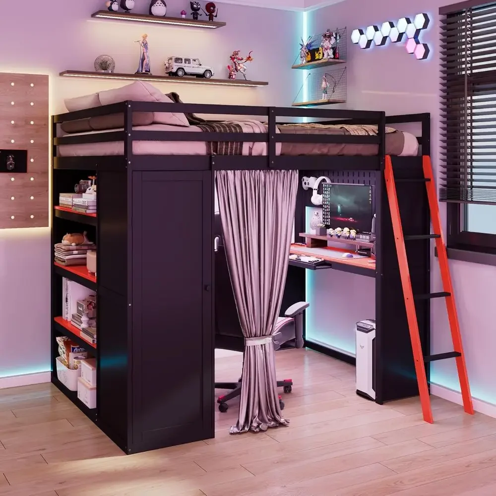 

Special OfferMeWood Lot Bed With Wardrobe,Shelves,Blackout Curtains,and RGB Lights, Ull Size, Black+Red
