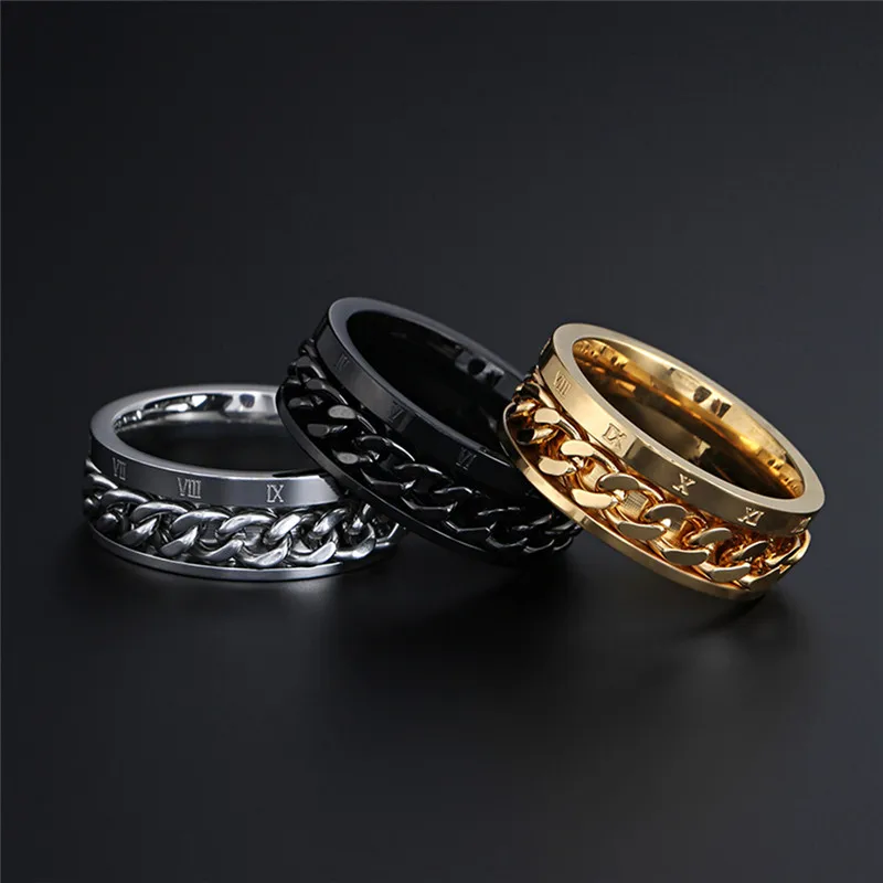 Unisex Gold Color Roman Numerals Spinner Chain Ring
