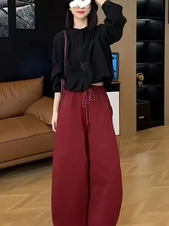 

Комплект: повседневные свободные брюки с широкими штанинами и высокой талией, однотонные, для женщин, на раннюю осень