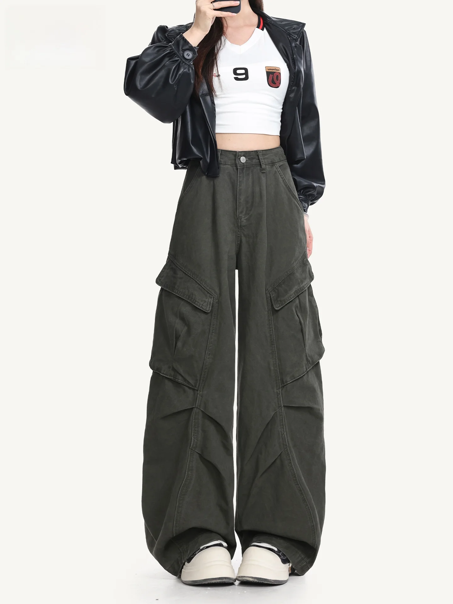 

Military Green Pleated Wide Leg Denim Jeans Women's Summer Lazy Trendy Drapey Workwear Pants High Waist American Style Cotton
