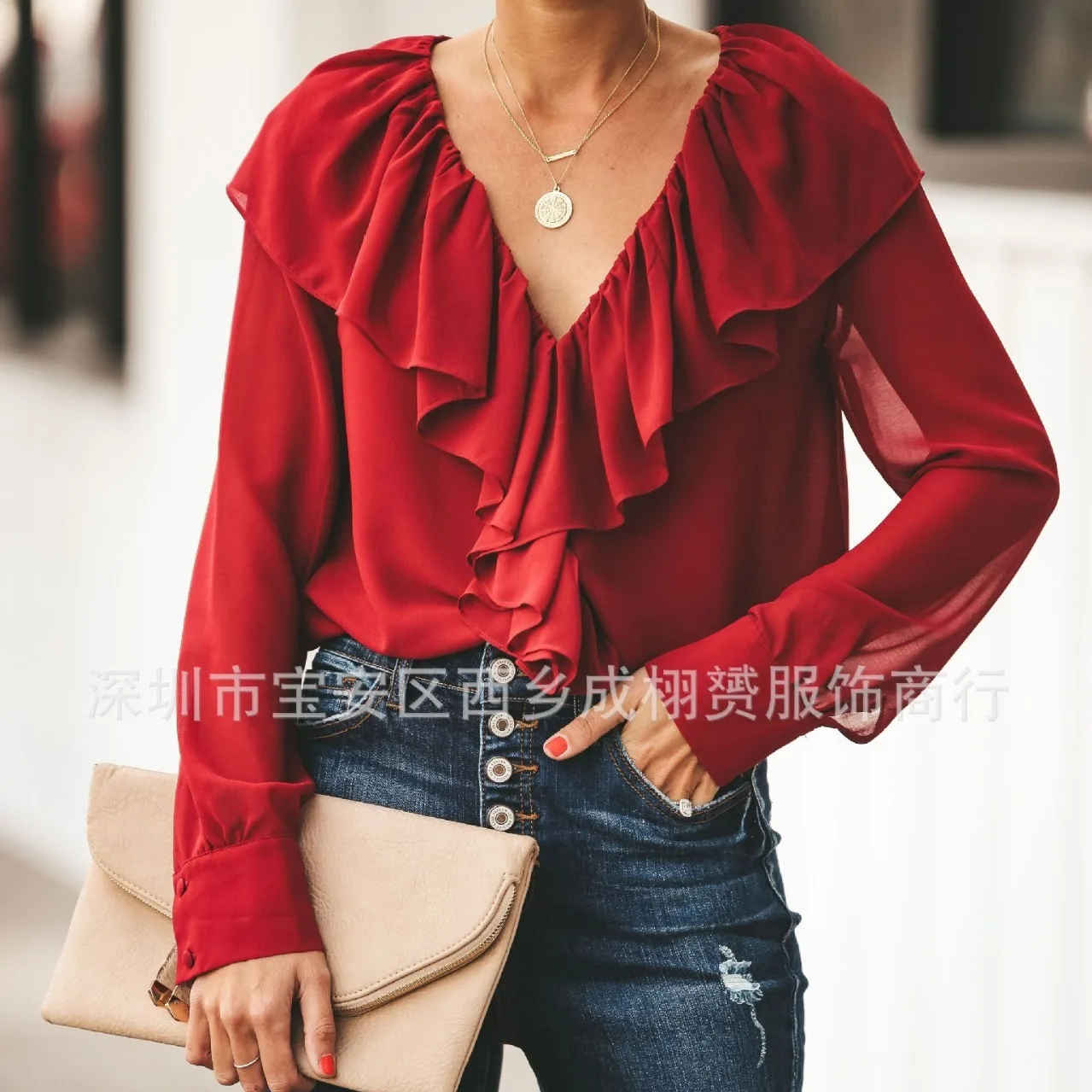 Camicia in chiffon con scollo tondo da donna nuova primavera 2025 Top femminile 1211