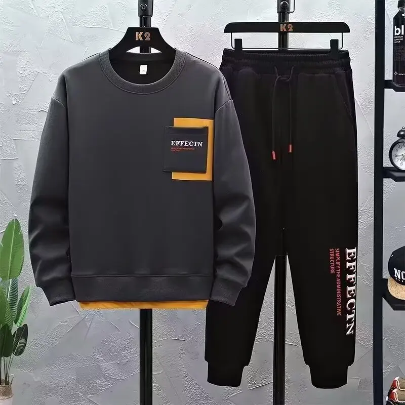 Minimalist Harajuku Trendy Men's Round Neck Printed Sweatshirt 2025 Autumn Long Sleeve Sweatshirt Loose Casual Set