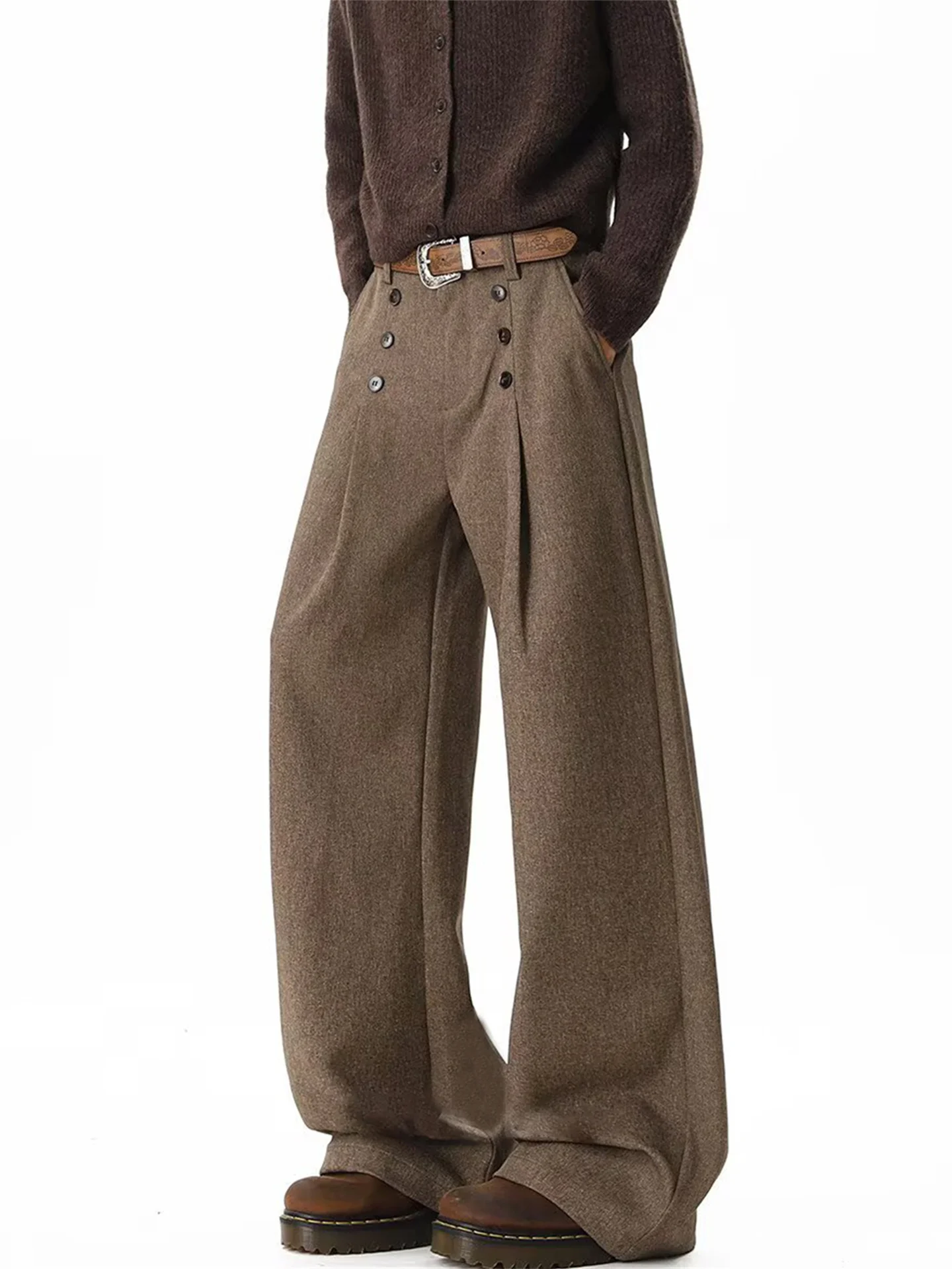 

Коричневые плиссированные мужские повседневные брюки с широкими штанинами на пуговицах, винтажные, струящиеся, А-силуэта, в стиле преппи, немнущиеся, прямые брюки-трубы