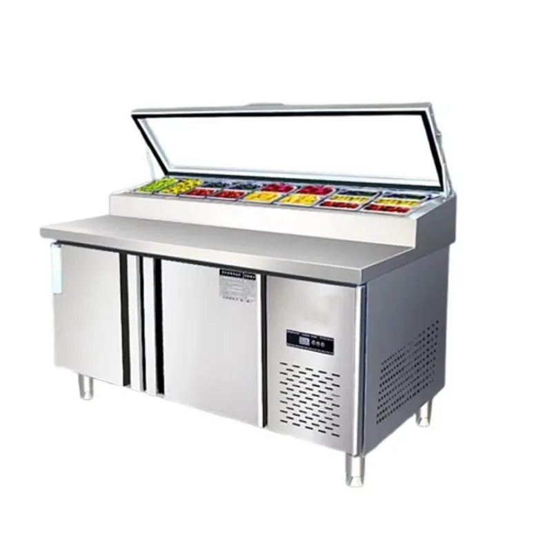 Mesa de operação de salada sem gelo de bancada refrigerada comercial com características de manutenção fresca com opções de resfriamento de ar e ventilador