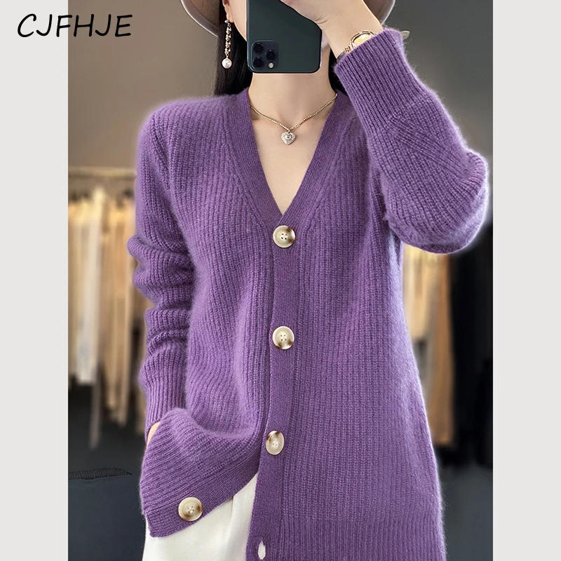 

CJFHJE Pink Autumn Women Cardigan Purple Fashion Button Loose Knitted Sweater Coats Female Casual Elegant Solid Color Jacket New