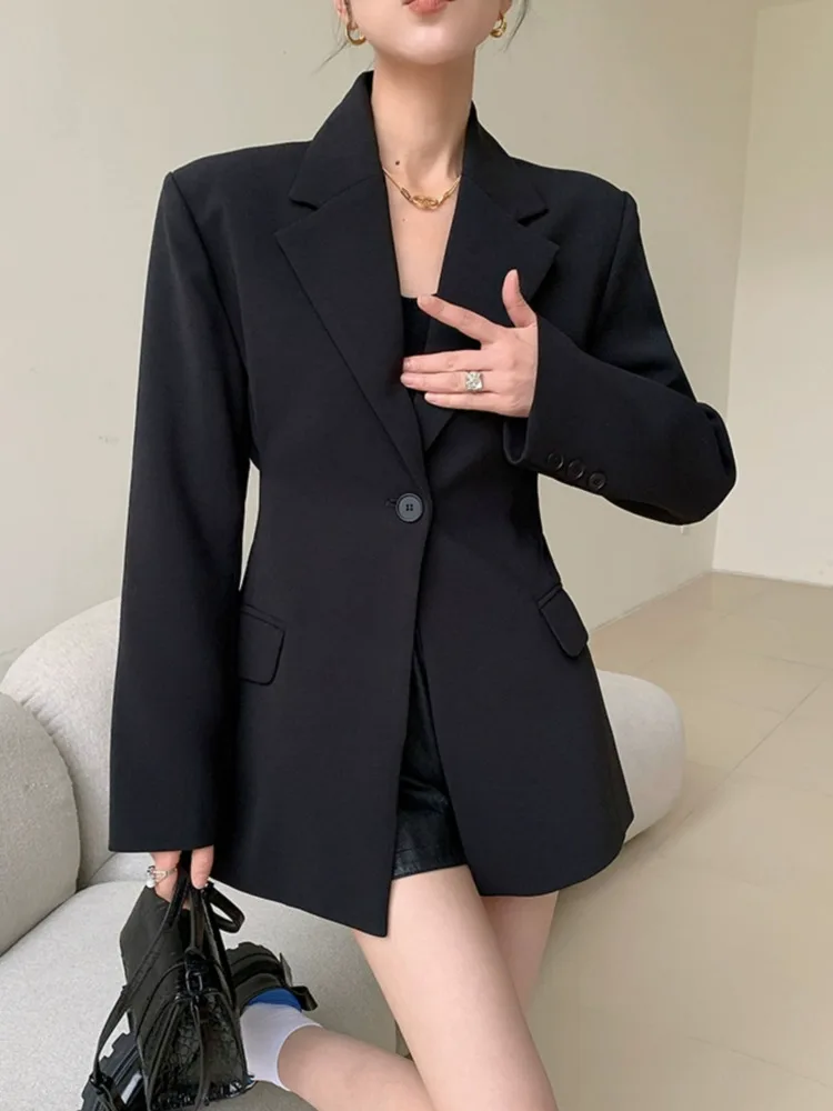 [LANMREM] Pleasted Gathered Black Blazers For Women Single Button Office Lady Jackets Fashion Coats 2024 Spring New 26D8981