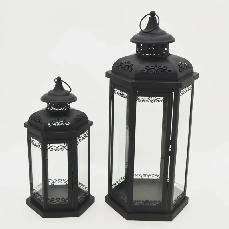 Vintage Wrought Iron Floor Candle Holder with Glass Windproof Lantern for Garden Patio Wedding Decoration Home Ornament Tall
