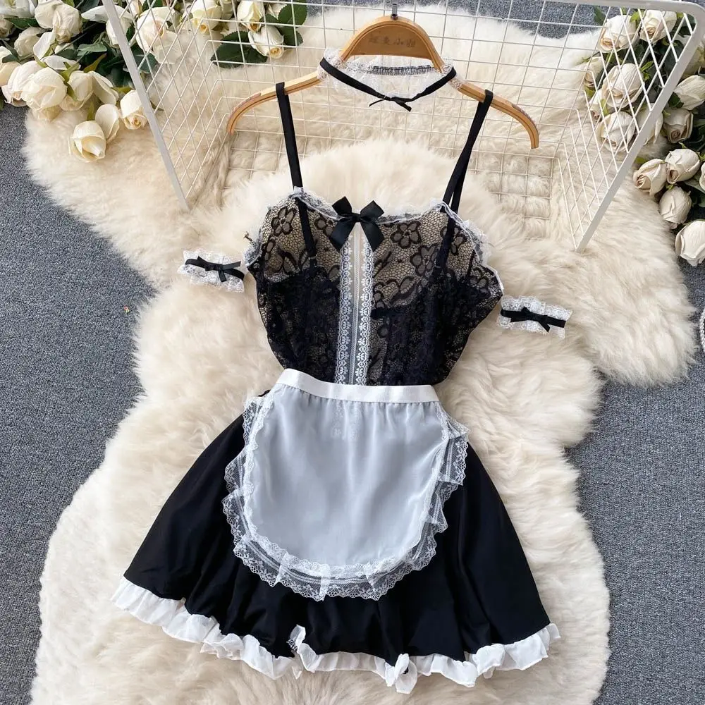 Sexy Maid Cosplay Uniform Lace Patchwork Women\'s Dress Backless Transparent Mini Skirt Apron Sensual Erotic Pajama Nightwear Hot