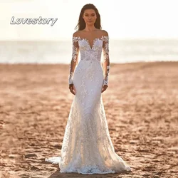 Boho Mermaid Wedding Dresses Luxury Off Shoulder Bride Robe Applique Lace Sweetheart Button Bridal Gown Vestido De Novia
