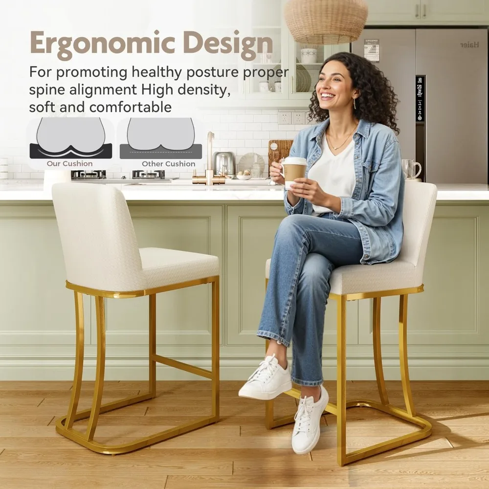 เก้าอี้บาร์สีขาวนวลและสีทองแบบมีพนักพิง ชุด 3 ตัว สำหรับเคาน์เตอร์ครัว ขนาด 24 นิ้ว หุ้มด้วยหนังเทียม