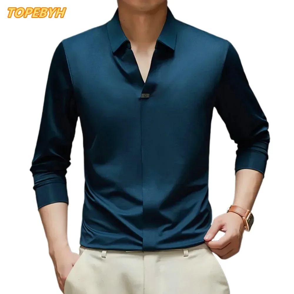 High Quality Traceless Process Men's Seamless Scissor Collar Shirt Without Pilling or Fading  Versatile  Shirt