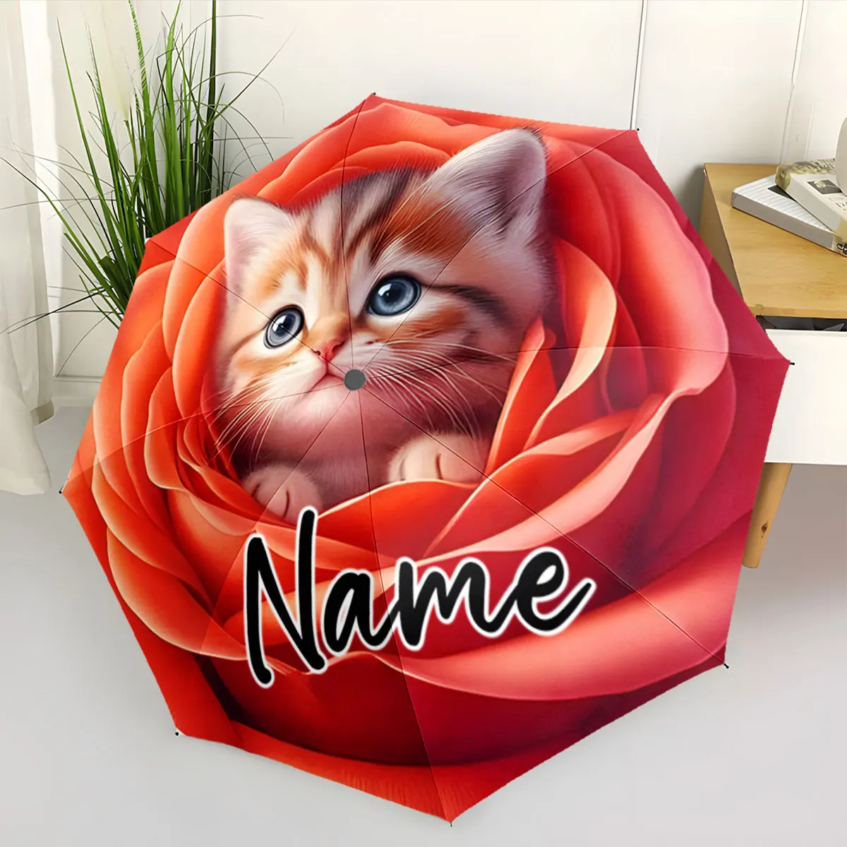 Custom Name Adorable Kitten in a Rose Umbrella Design Print 8 Iron Ribs Folding Umbrella Auto-Open Fashion Sunshade