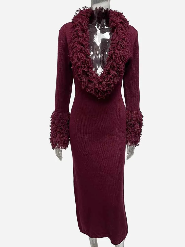 BKQU 패치 워크 태슬 니트 맥시 드레스 여성 딥 브이넥 섹시한 바디콘 긴 소매 가을 겨울 스웨터 드레스 우아한 가운