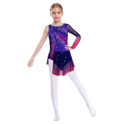 Imagen 2 del producto Vestido de leotardo de patinaje artístico para niños, traje de danza moderna lírica, Leotardos de gimnasia y Ballet para niñas, vestidos con diamantes de imitación, Dancewar