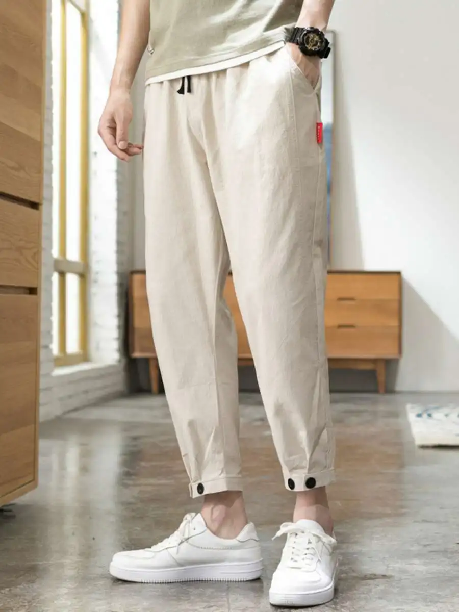 

Cotton Linen Men's Casual Pants Straight Leg Loose Fit Spor Youth Trousers Middle Waist Long Pants Thin Autumn Season