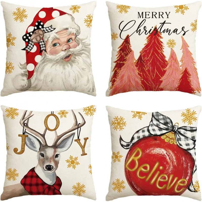 

Christmas Tree Reindeer Pillowcase 18 x 18 inches Red Christmas Holiday Cushion Cover Decorative Sofa 4-piece Set