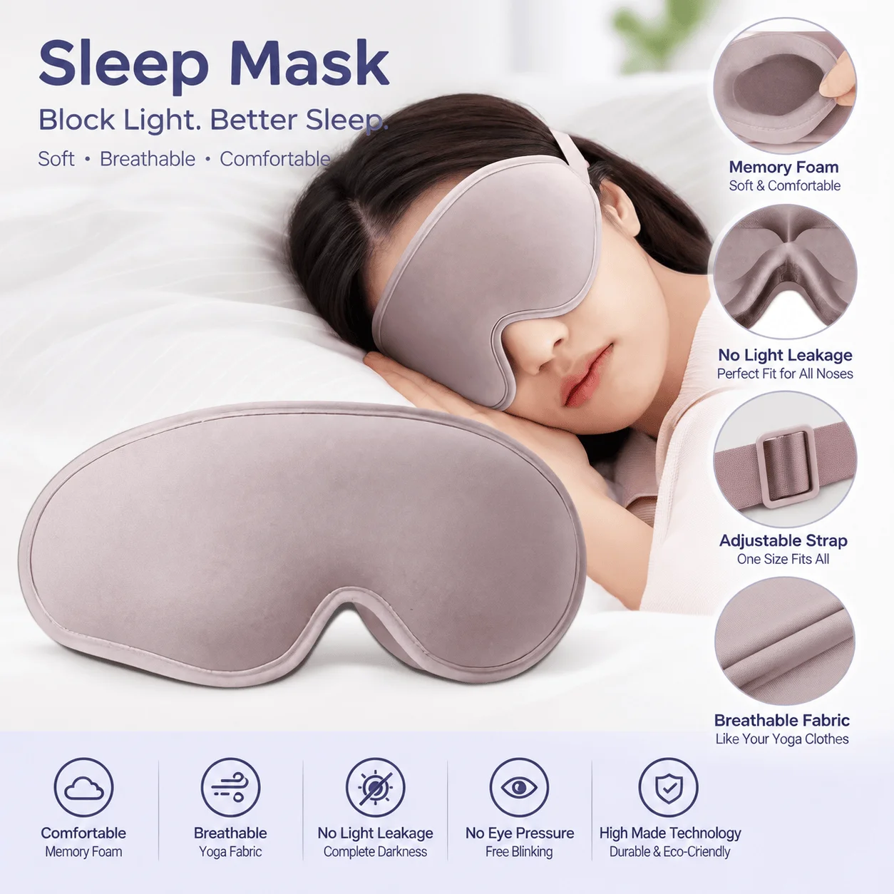Blackout Sleep Eye Mask 3D Contoured Design Soft Breathable Eye Cover with Adjustable Strap Total Light Blocking for Deep Rest Travel Meditation Daytime Naps Bedtime Shift Work Lightweight Ergonomic Sleep Shade Portable Daily Use Comfortable Fit
