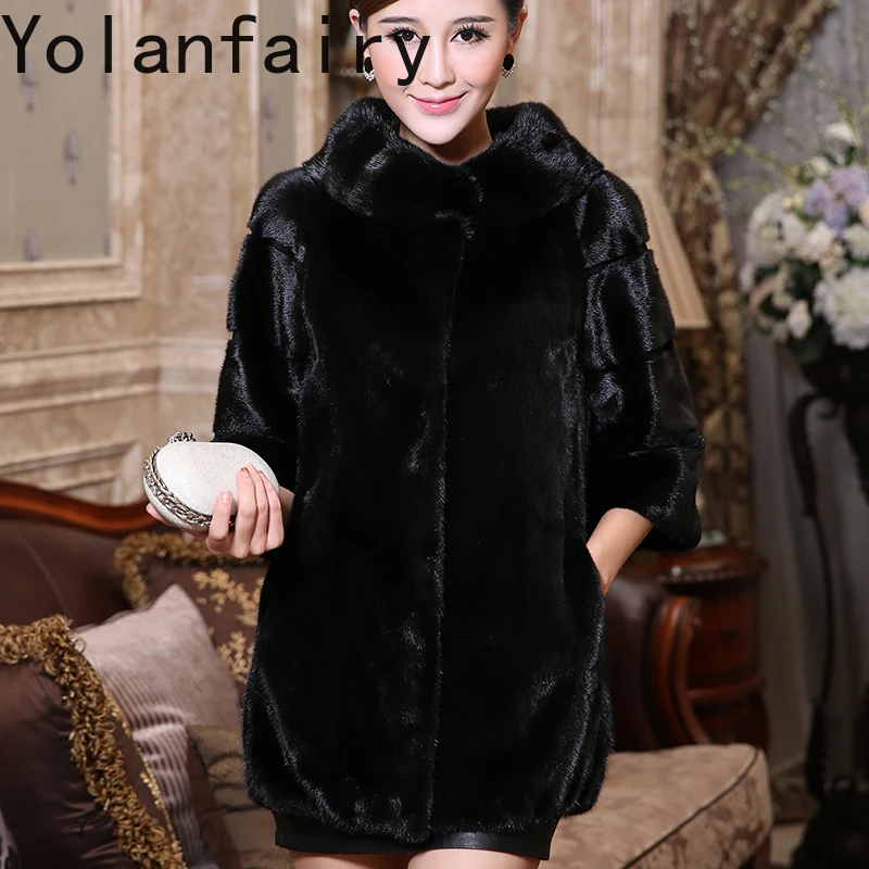 YOLANFAIRY 100% Whole Mink Fur Jacket for Women Winter High-end Natural Fur Coat Real Mink Fur Coats Woman Three Quarter Sleeve