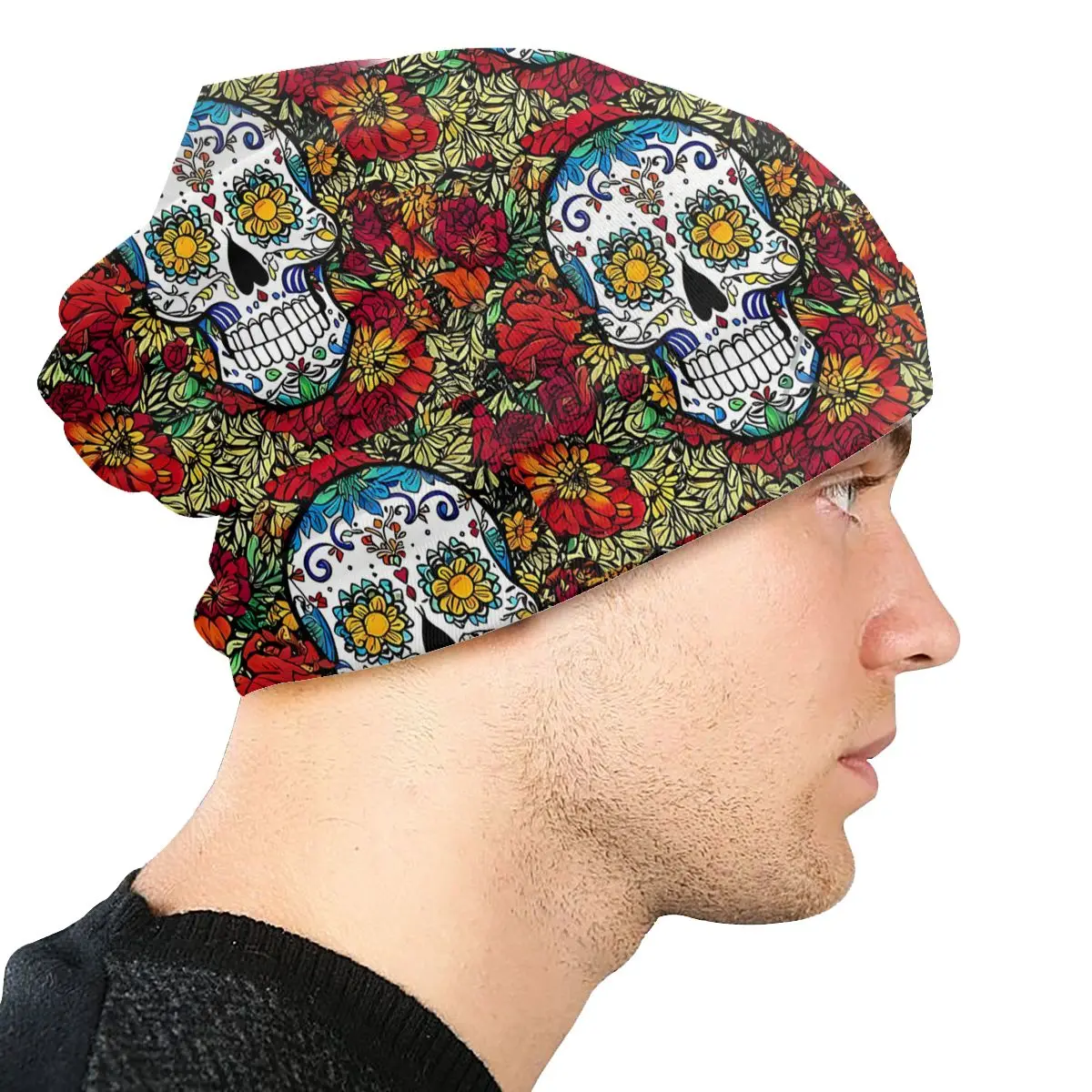 Skull In Color Bonnet Homme Autumn Spring Thin Skullies Beanies Day Of The Dead Mexico Skull Caps For Men Women Novelty Hats