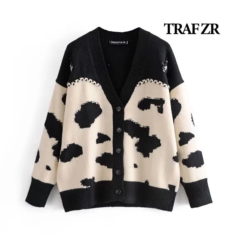 TRAF ZR Knit Cardigans with Buttons for Women Knitwear Cropped Cardigan Women's Autumn Sweater Harajuku Vintage V-neck Cardigan