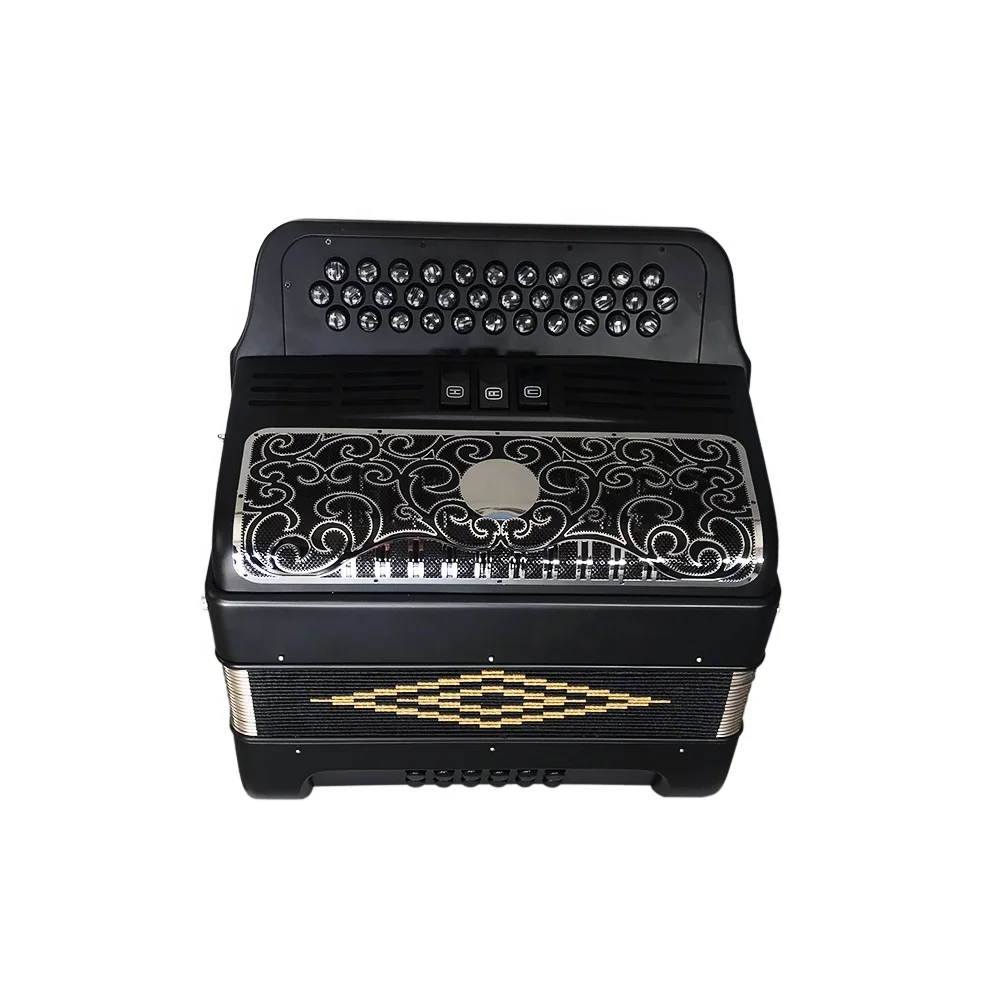 Professional 34-Button 12-Bass 3-Registers Acrodeon JB3412C Matt Black Accordion Instrument with Black Silver Grill and Buttons