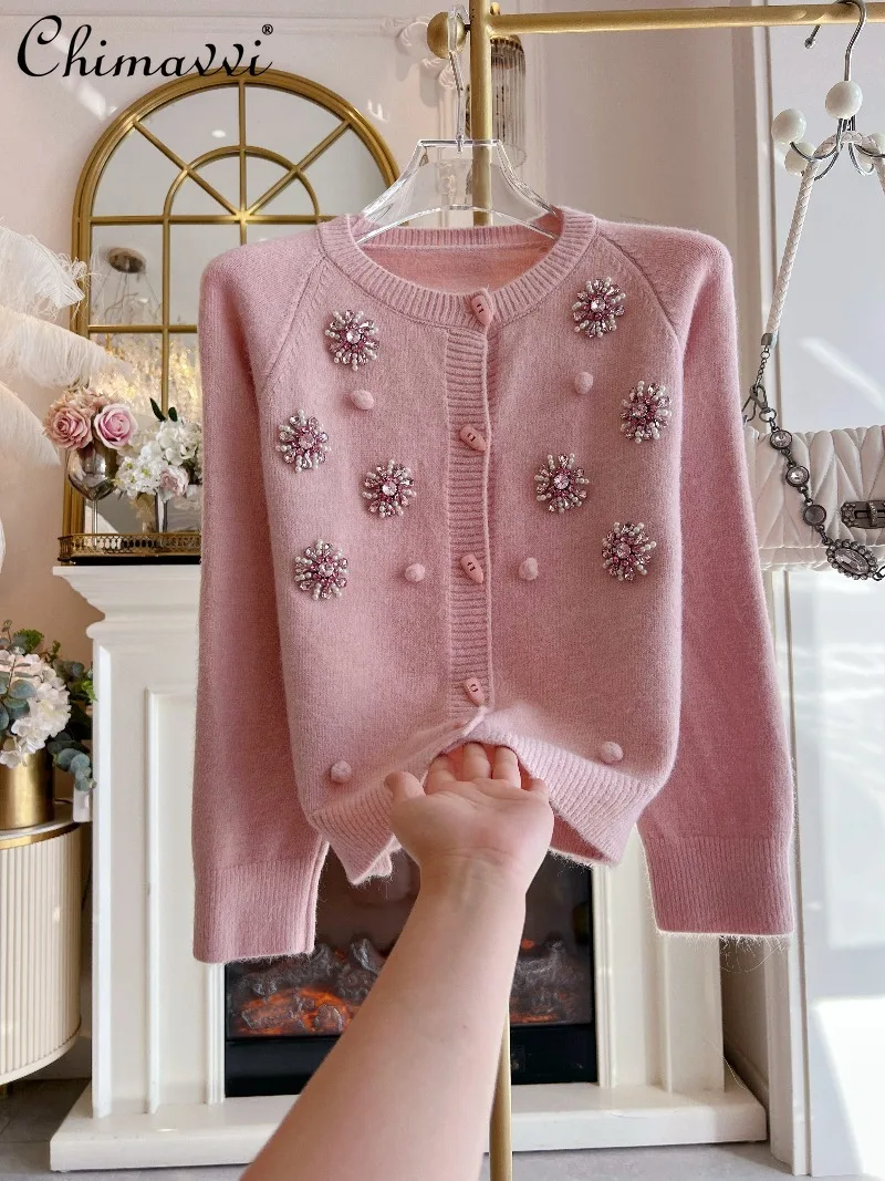 

2025 Autumn Winter New Heavy Embellished Row Horn Button Pink Sweater Coat Fashion Loose Long Sleeve Elegant Knitted Cardigan