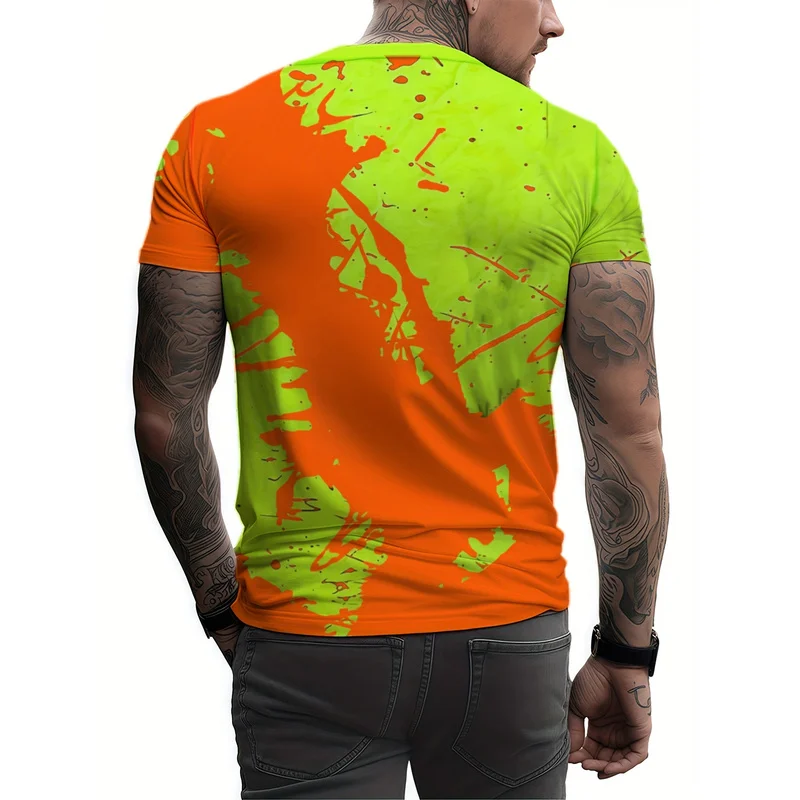 Mens Summer Orange Green Color Block Short Sleeve Tee With Splatter Print Breathable Comfortable Stretchy Crew Neck Top Perfect