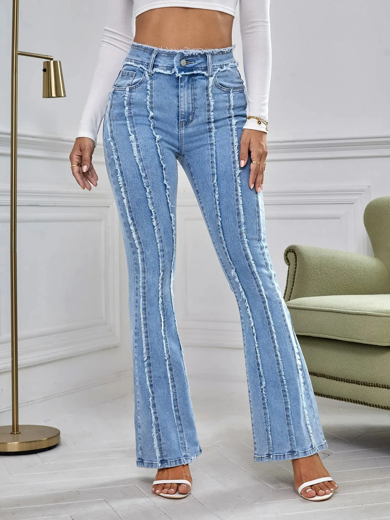 

Spring Autumn Women's Clothing Slimming High Waist Flared Jeans For Woman Elegant Stretch Cotton Denim Full Length Pants