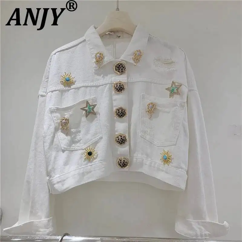 ANJY Spring Autumn New Women Stylish Decorative Metal Buckles Short Denim Jacket Trendy Fashion Washed Ripped Niche Coats A25207