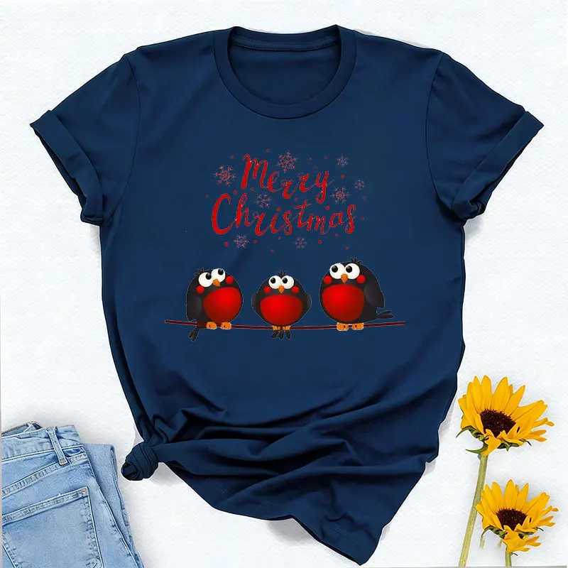 Merry Christmas Three Little Red Robins Sat on A Branch Womens Boyfriend Fit Crewneck High Quality Cotton Graphic T Shirts
