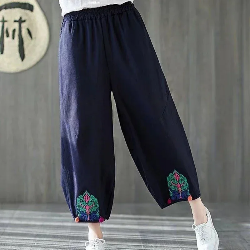 2024Ethnic Style Vintage Loose Bloomers Spring Summer Ladies Trousers High Waist Women's Pants Hakama Casual Wide Leg Pantalones