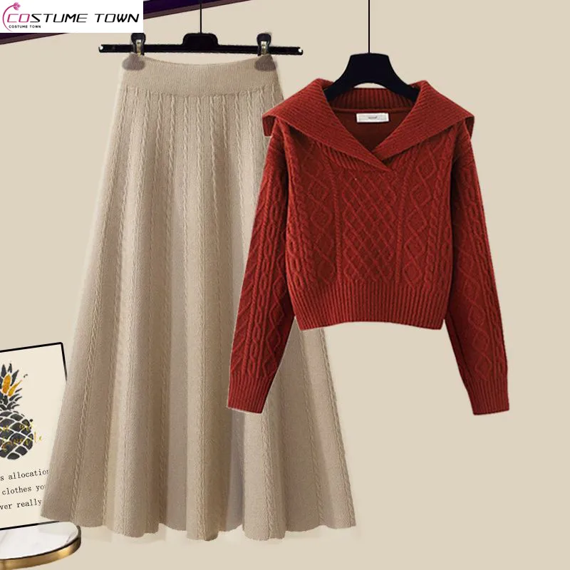 Large Women's Autumn and Winter Set 2023 New Korean Fashion Knitted Sweater Slim Half Skirt Two Piece Set Fashion