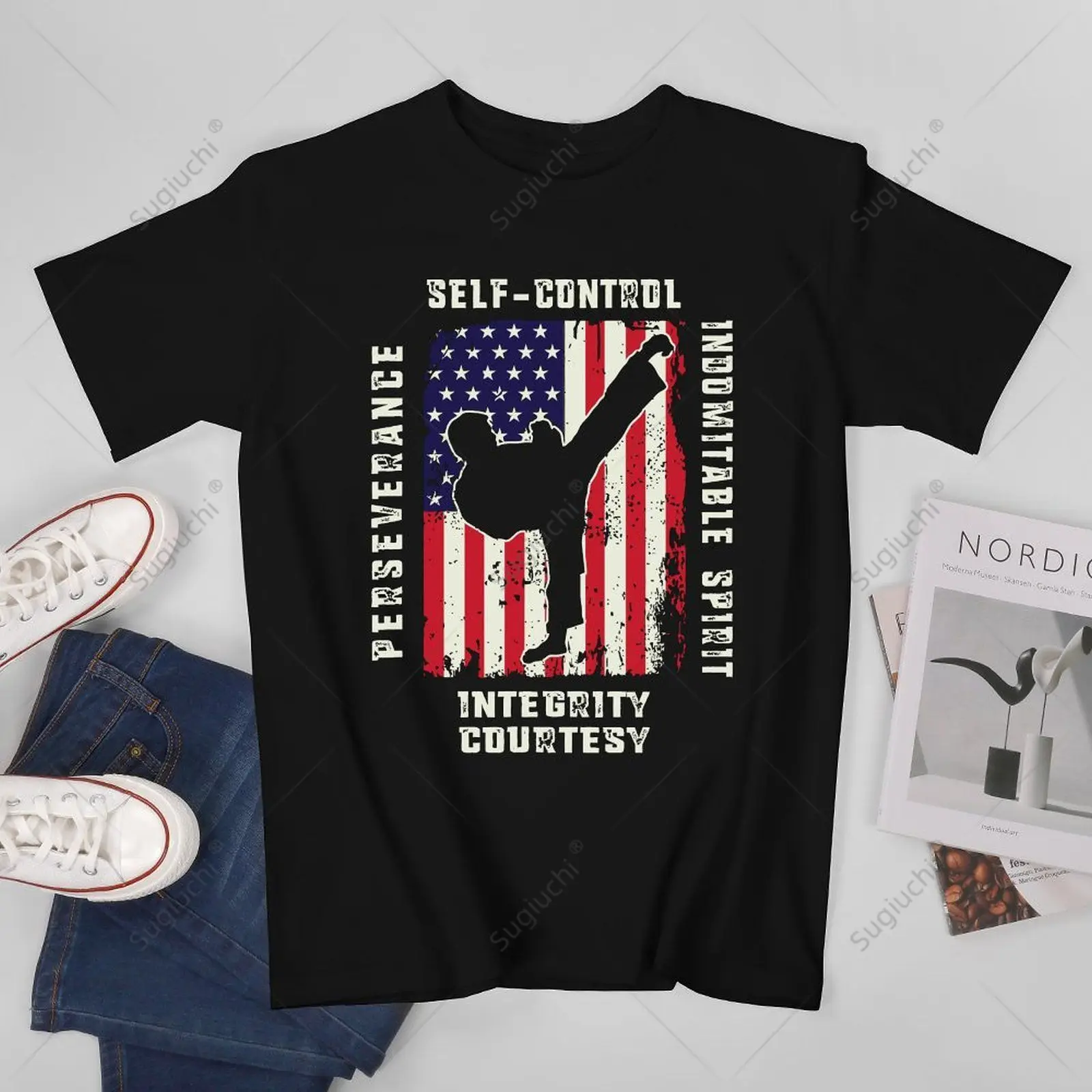 Unisex Men American Flag Taekwondo Gift  Tae Kwon Do Martial Tshirt Tees T Shirts Women Boys 100% Cotton T-Shirt