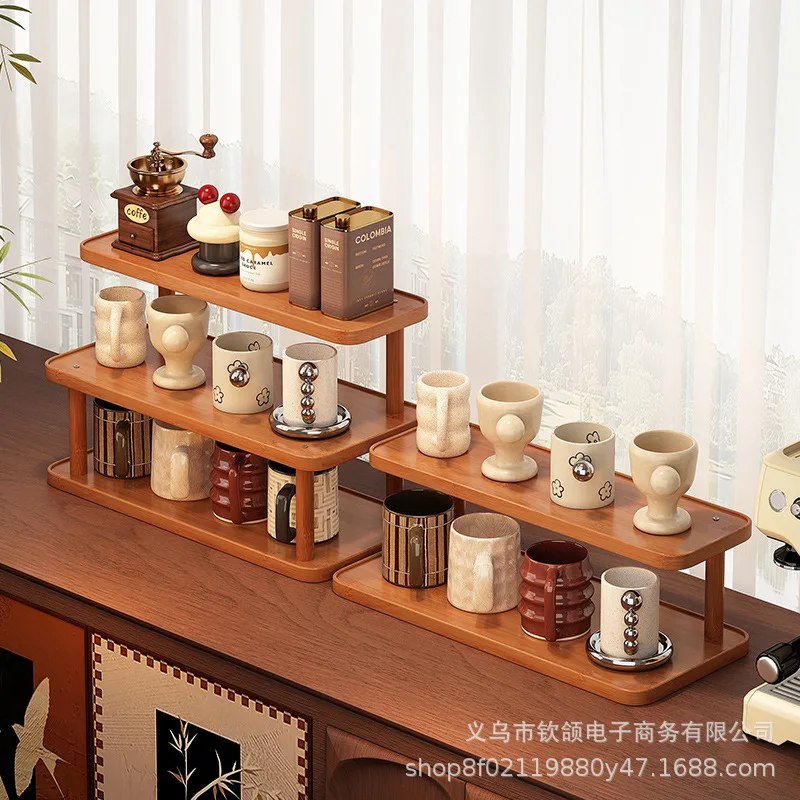 HYS Desktop Storage Shelf Walnut Home Ladder Rack Coffee Tea Cup Display Shelf