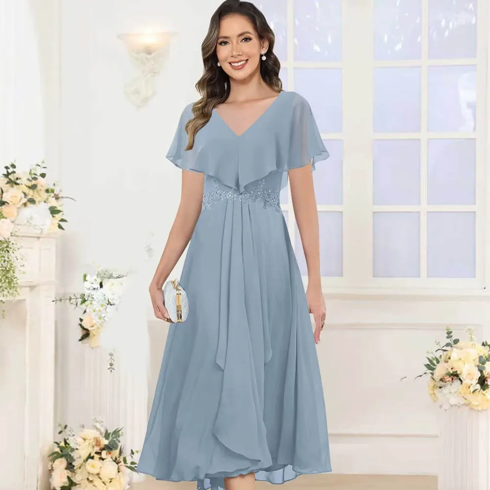 

Customized Length Mother of The Bride Dresses for Wedding Cape Sleeves Applique Chiffon Formal Dress Wedding Party Dresses