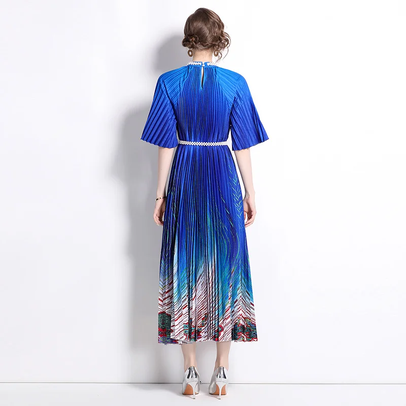 Miyake High End Nail Beads Printed Pleated Pearl Button Pleated Long Skirt Summer Dress Women Birthday Dress for Women Dresses