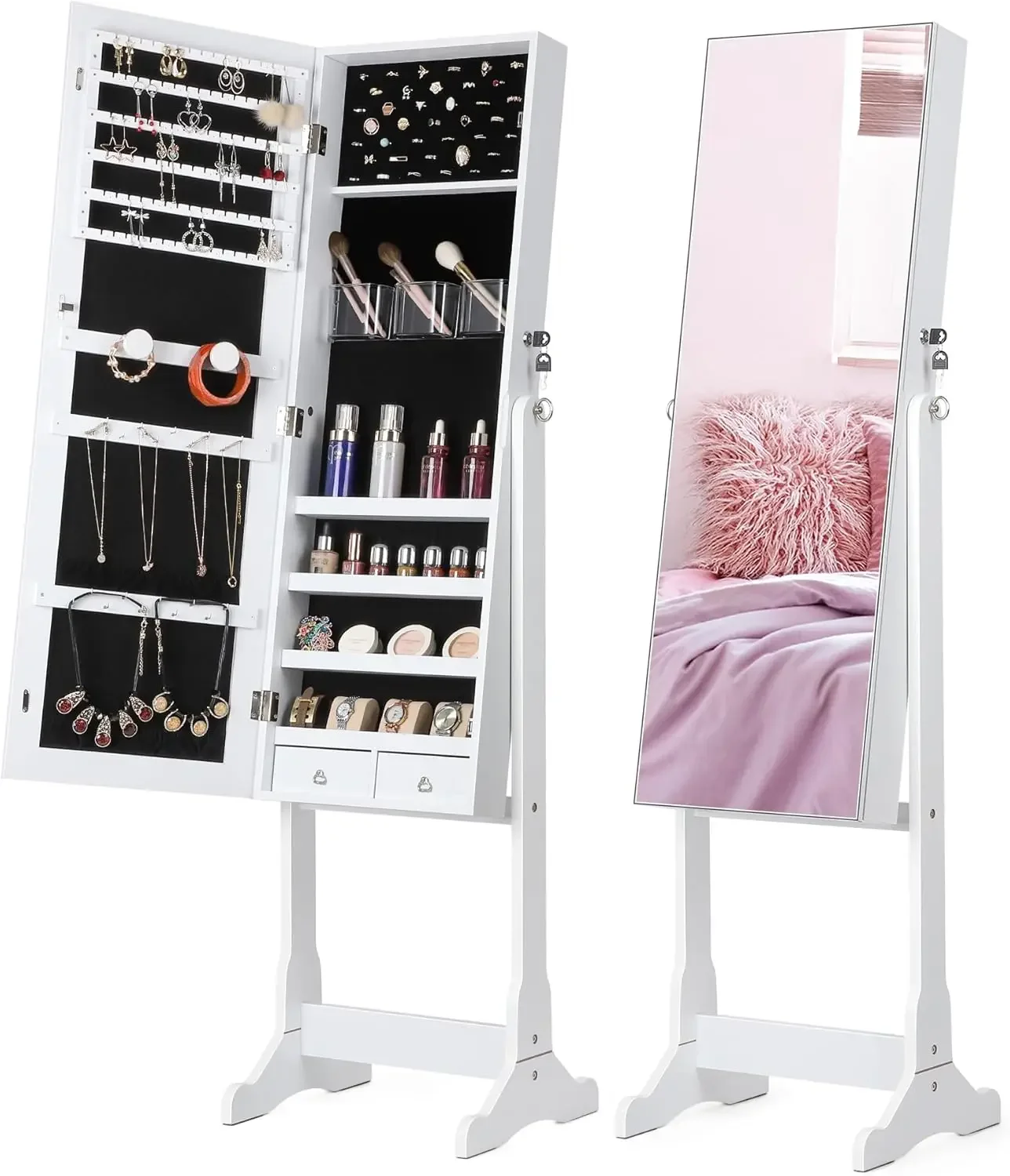 Jewelry Cabinet with Full-Length Mirror, Standing Lockable Jewelry Armoire Mirror Organizer, 3 Angel Adjustable, White