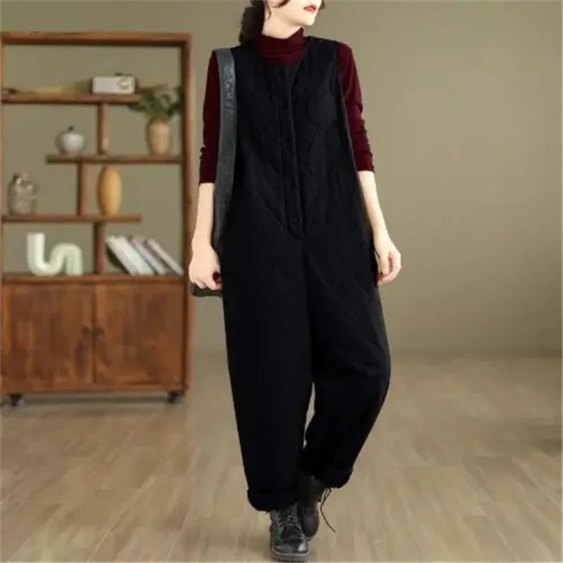 Streetwear Solid Color Rhombus Cotton Jumpsuit Women's Autumn And Winter Warm Keep Warm And Thickened Harem Pants Loose Overalls