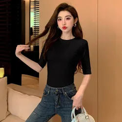 T-shirt Women's Cotton Medium Sleeve High Neck Slim Inner Bottom Slim Medium Sleeve Tops Soft Breathable