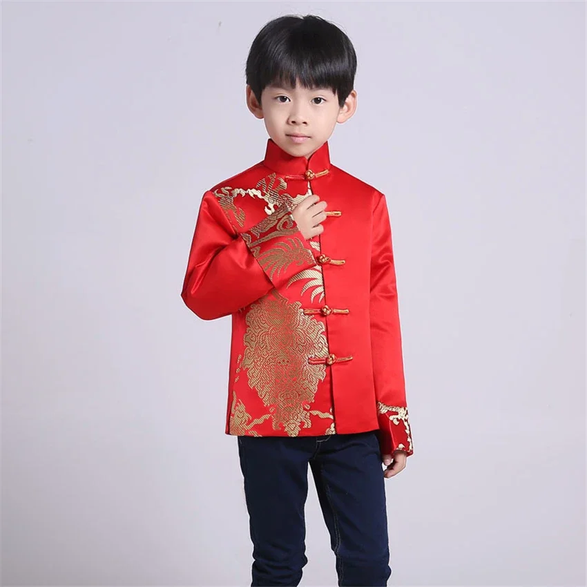 Tang Suit Red Traditional Chinese Clothing for Men Kids Boy Hanfu Top Dragon Print Vintage Satin Kungfu Chinese Party Stage