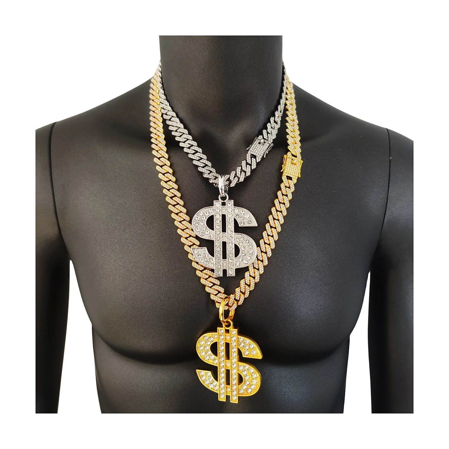 

Heavy 18K Gold GF US Dollar Symbol Pendant Cuba Chain Necklace 14mm Men's Hip-hop 50 60 70CM